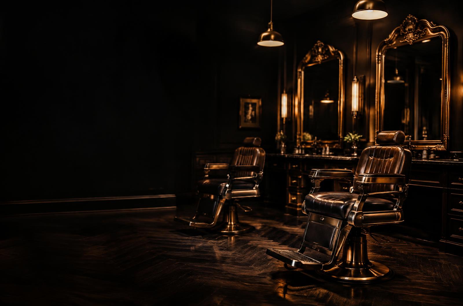 Leather barber chairs and gold-framed mirrors in a dim lounge