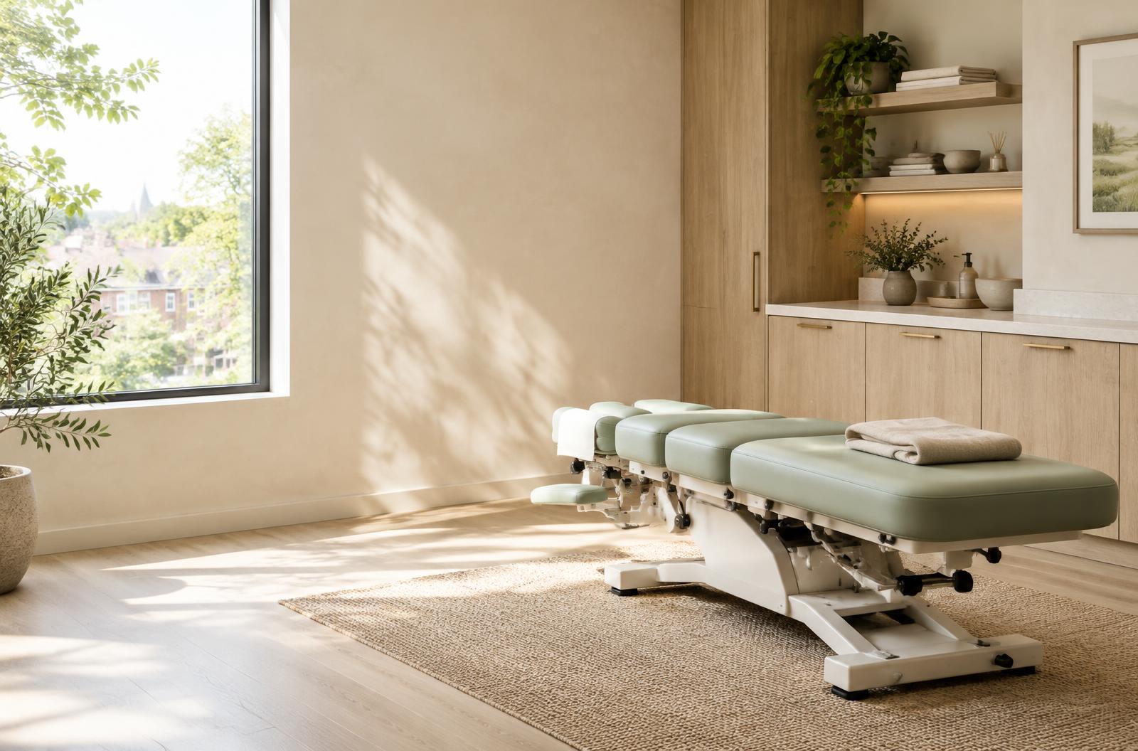 Sunlit chiropractic treatment room with sage green adjustment table