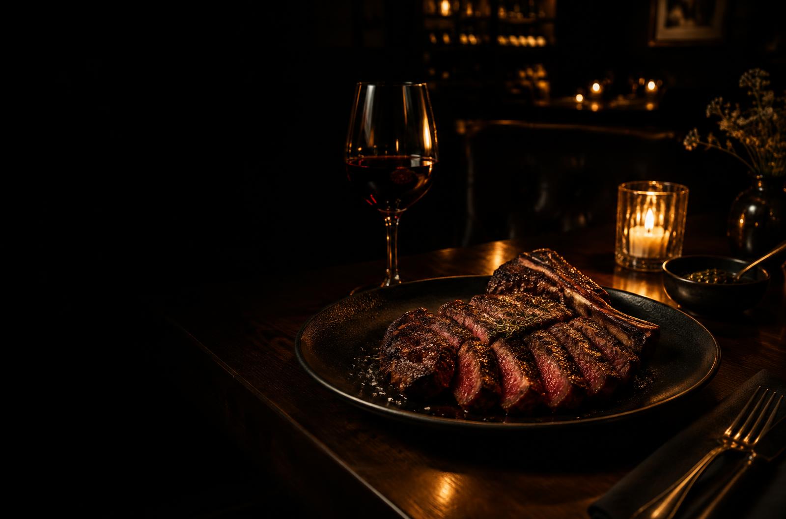 Sliced dry-aged ribeye and red wine by candlelight